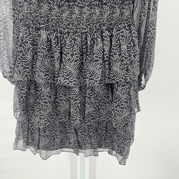 cinq a sept Black Mini Dress Sz 6 Tiered Print Silk Long Sleeve Smocked Babydoll - Picture 11 of 16